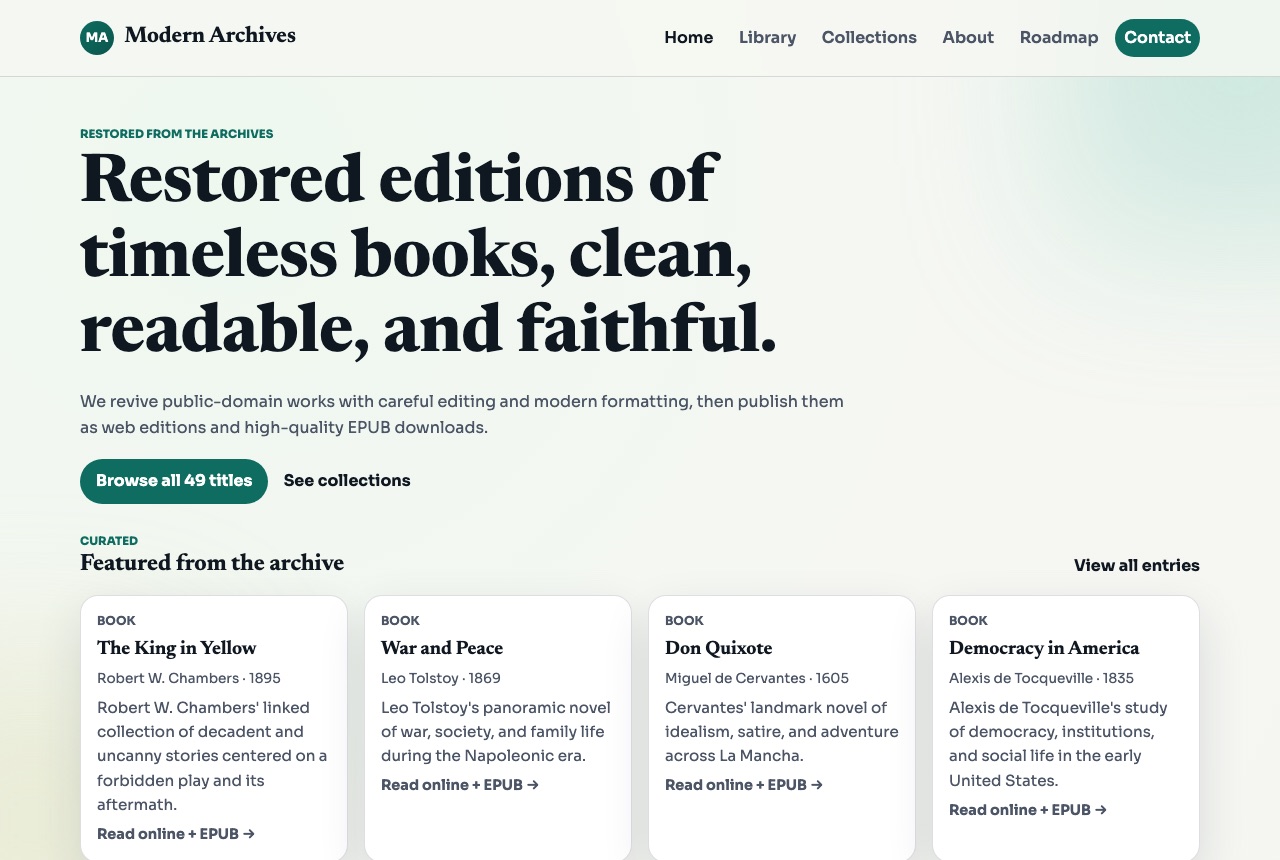 The Modern Archives homepage, showing its browsable library of public-domain books