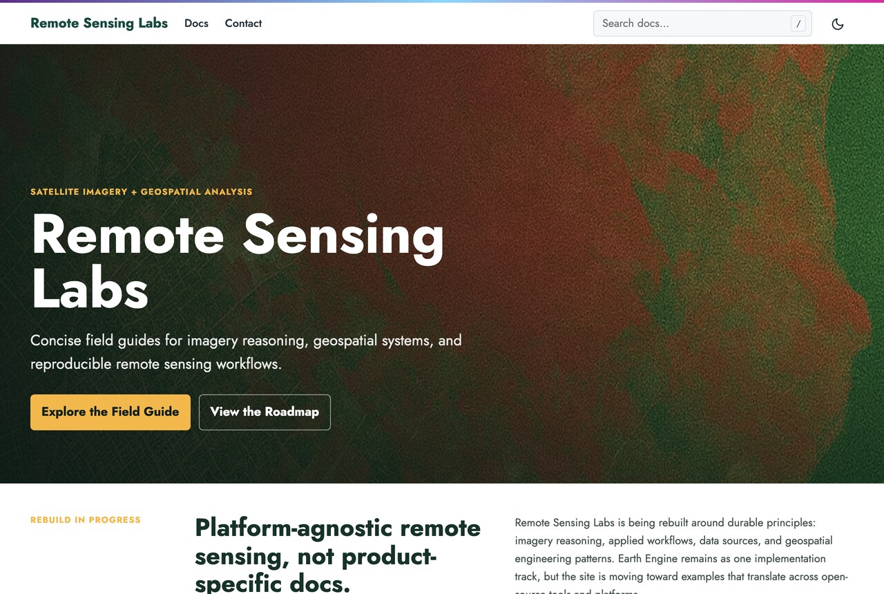 The Remote Sensing Labs homepage, showing its satellite-imagery hero and an introduction to the field guide